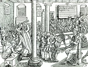 Scena in aula scolastica in epoca Tudor da English School
